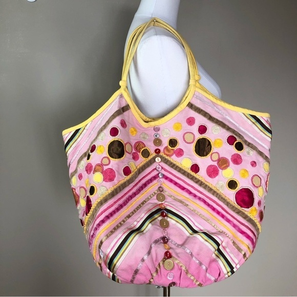Hanoi Hand Made Pink Canvas Artsy embroidered Ribbon Button Embellished tote bag - Picture 1 of 13